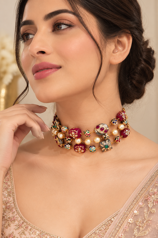 pearl and red stone choker